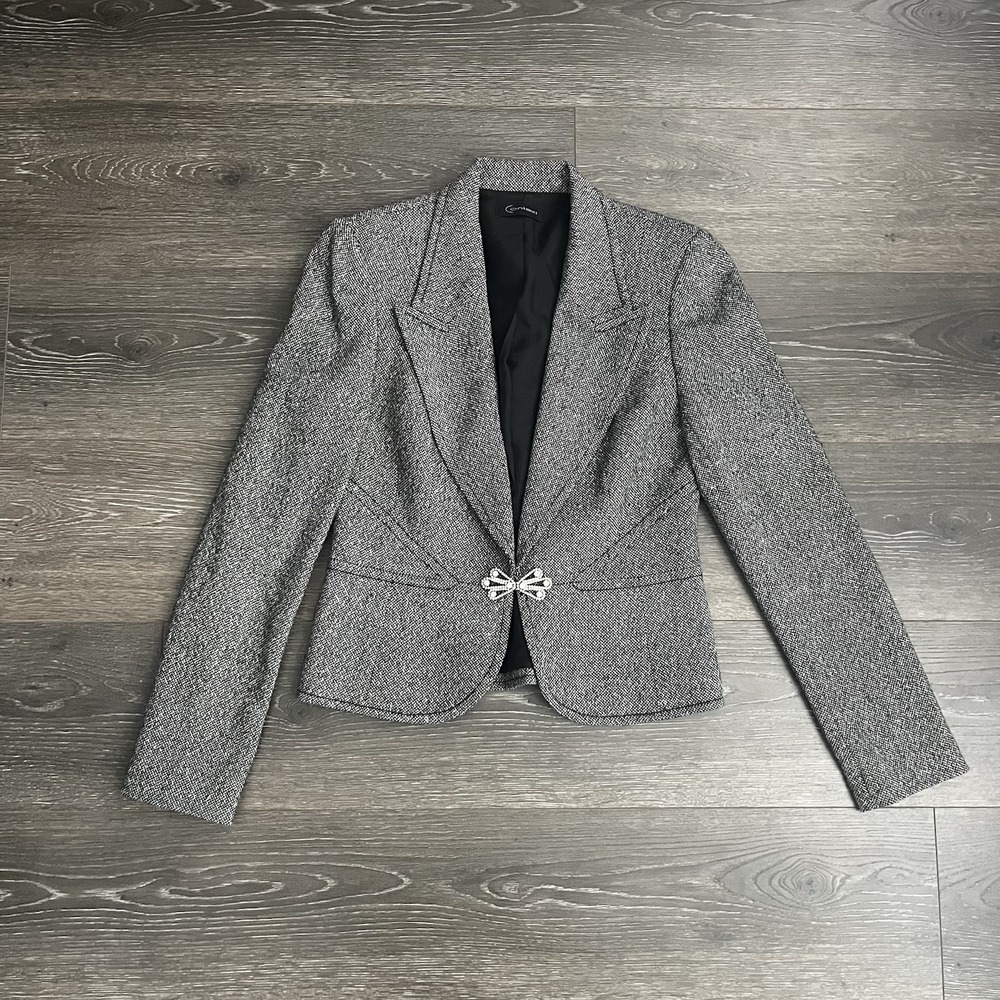 Context Vintage Tweed Wool Blend Rhinestone Clasp Blazer Jacket Sz 2 Peplum Y2K
